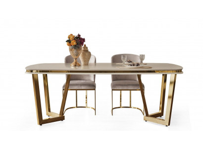 Modern dining room set consists of dining table and 4x beige chairs, 5 pieces.