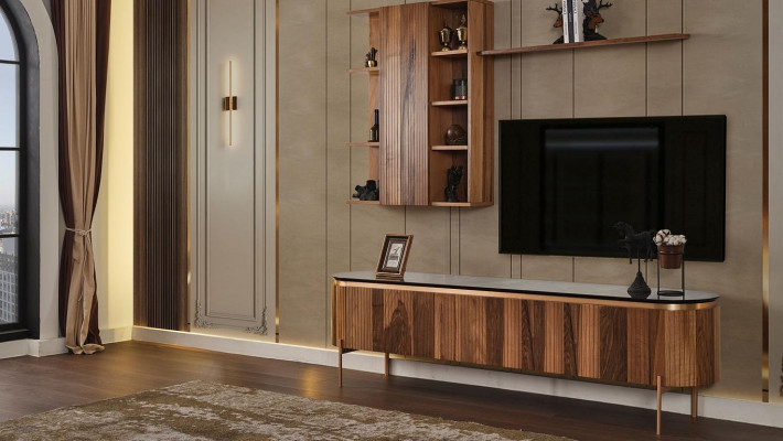 Perfect living room set consists of a brown TV stand and wall cabinet.