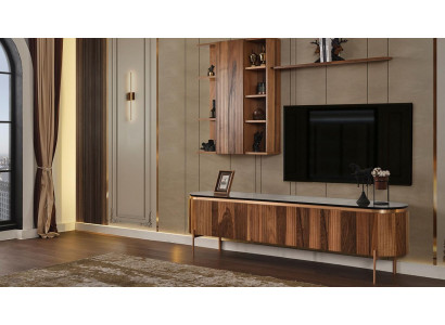 Perfect living room set consists of a brown TV stand and wall cabinet.