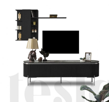 Living room set consists of a black TV lowboard and a 2-piece wall cabinet.