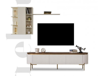 Living room set consists of TV lowboard and wall cabinet with gold elements.