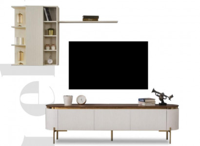 Living room set consists of TV lowboard and wall cabinet with gold elements.