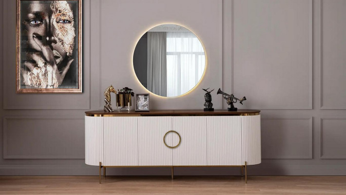 Dining room set consisting of a sideboard and mirror, beige with gold elements