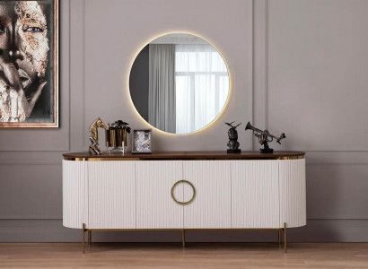 Dining room set consisting of a sideboard and mirror, beige with gold elements
