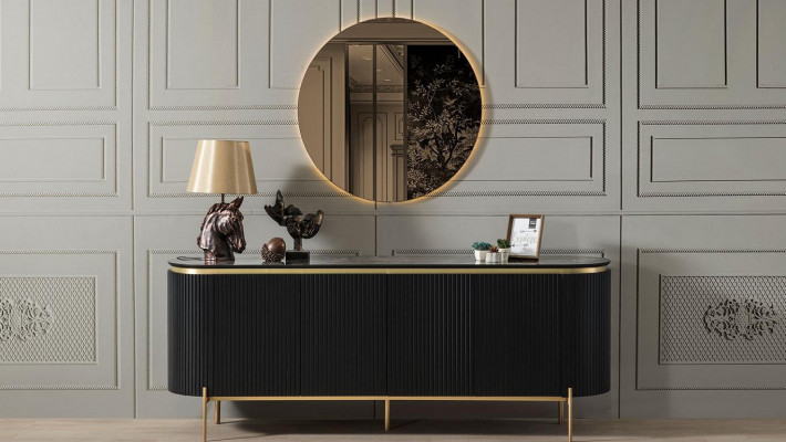 Dining Room Set Modern Consists of Black Sideboard and Mirror 2-piece.