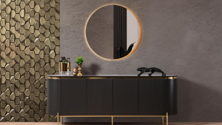 Dining Room Set Modern Consists of Black Sideboard and Mirror 2-piece.