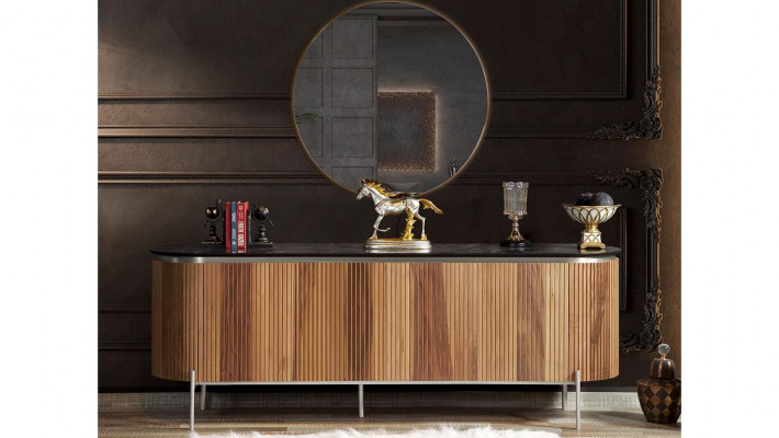 Luxurious dining room set consists of a modern black sideboard and mirror.