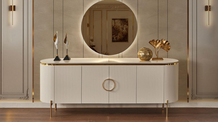 Consists of a dining room set consisting of a beige-colored sideboard and mirror.