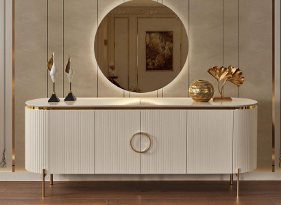 Consists of a dining room set consisting of a beige-colored sideboard and mirror.