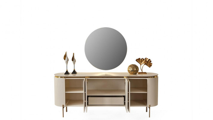 Consists of a dining room set consisting of a beige-colored sideboard and mirror.