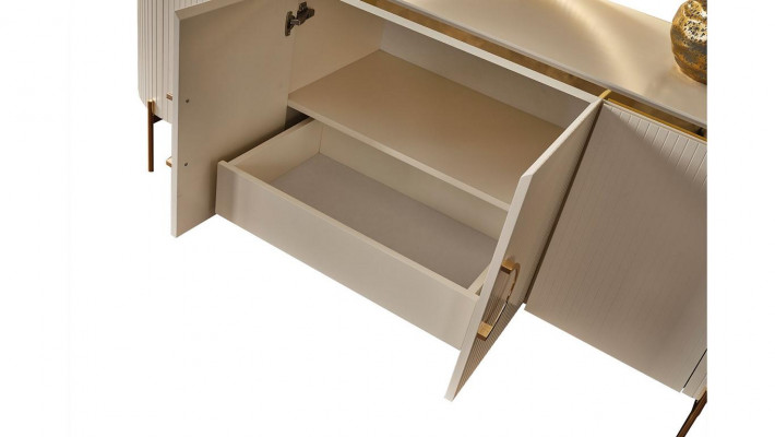 Consists of a dining room set consisting of a beige-colored sideboard and mirror.
