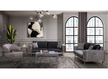 Gray living room set, designer sofas, luxury coffee table, side table