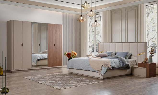Large beige bedroom set double bed 2x nightstands wardrobe