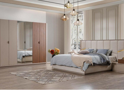Large beige bedroom set double bed 2x nightstands wardrobe