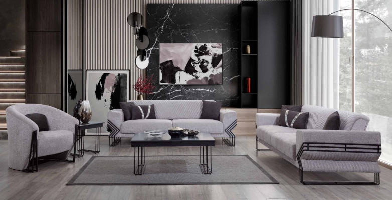 Light gray sofa set modern x2 upholstered sofas designer armchair tables