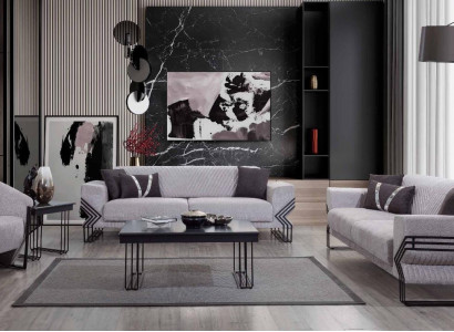Light gray sofa set modern x2 upholstered sofas designer armchair tables
