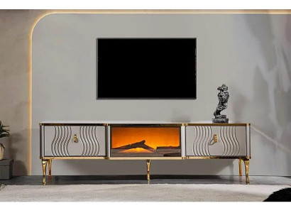 White TV sideboard, golden MDF particle board + metal, living room TV furniture
