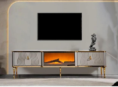 White TV sideboard, golden MDF particle board + metal, living room TV furniture