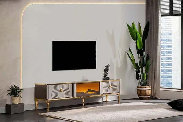 White TV sideboard, golden MDF particle board + metal, living room TV furniture