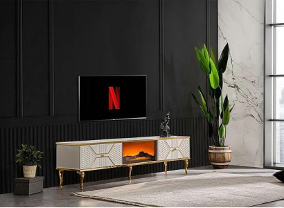 Luxurious TV sideboard with white gold-colored frame made of MDF metal white