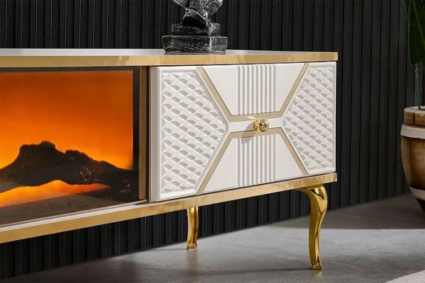 Luxurious TV sideboard with white gold-colored frame made of MDF metal white