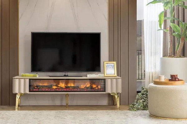 Sideboard RTV Living Room Luxury Furniture Fireplace Beige MDF Metal Lowboard