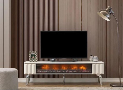 TV lowboard white chipboard metal luxury furniture fireplace living room new