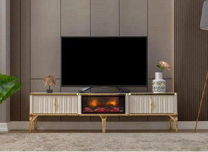 Living Room TV Lowboard white + gold MDF Sideboard Metal RTV Luxury New