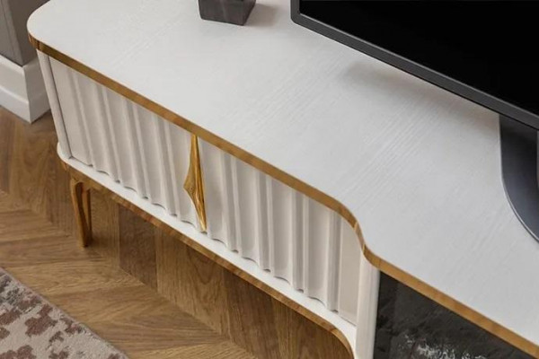 Living Room TV Lowboard white + gold MDF Sideboard Metal RTV Luxury New