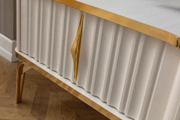 Living Room TV Lowboard white + gold MDF Sideboard Metal RTV Luxury New