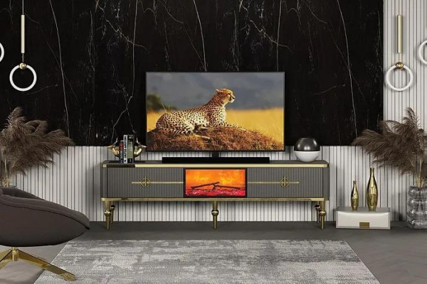 Living Room TV Lowboard Gray Fireplace RTV Sideboard Metal + MDF Exclusive