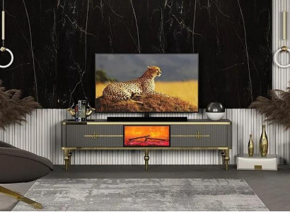 Living Room TV Lowboard Gray Fireplace RTV Sideboard Metal + MDF Exclusive
