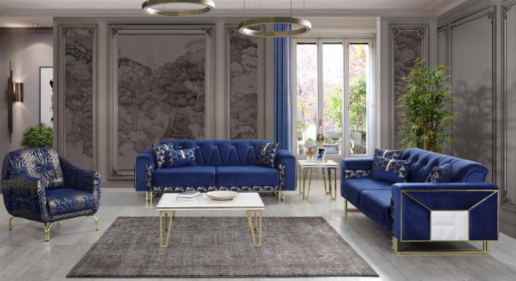 Luxury Blue Sofa Set Designer Three-Seater Coffee Table Side Table