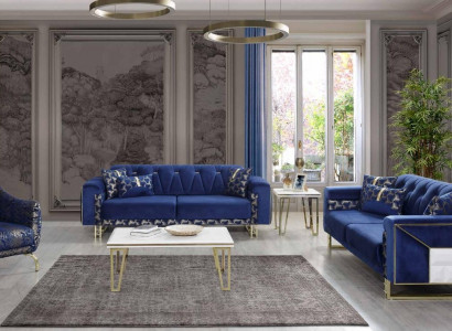 Luxury Blue Sofa Set Designer Three-Seater Coffee Table Side Table