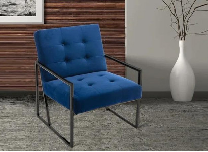 Armchair with one seat, blue upholstery, wooden frame, metal legs, luxurious.