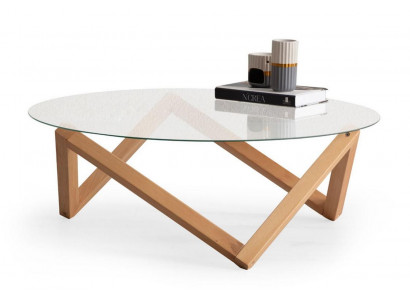 Coffee table in modern style round glass tabletop living room wooden legs