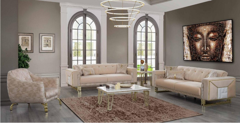 Complete beige seating set for living room: sofas, luxury armchair, coffee table
