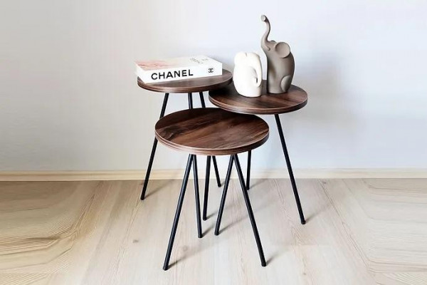 Round 3x coffee table set brown wood metal legs side table