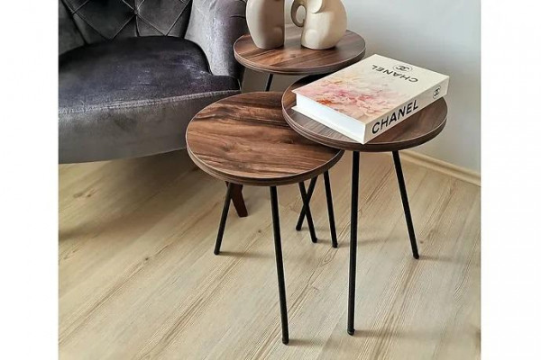 Round 3x coffee table set brown wood metal legs side table