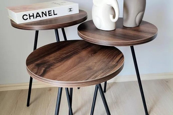 Round 3x coffee table set brown wood metal legs side table