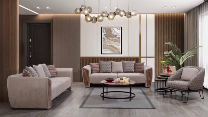 Beige living room upholstered sofa set three-seater armchair textile furniture
