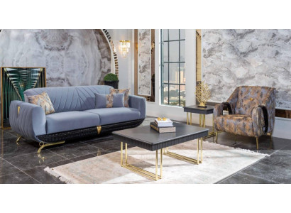 Modern upholstered living room furniture designer blue three-seater armchair 4-piece set