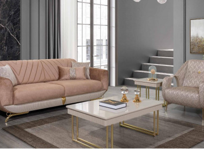 Beige living room set luxury 3-seater upholstered armchair side table