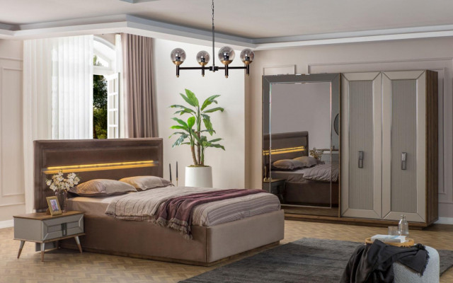 Beige Bedroom Set Modern Double Bed Glass Wardrobe 4-piece set