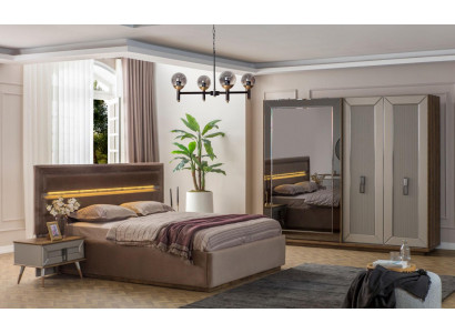 Beige Bedroom Set Modern Double Bed Glass Wardrobe 4-piece set