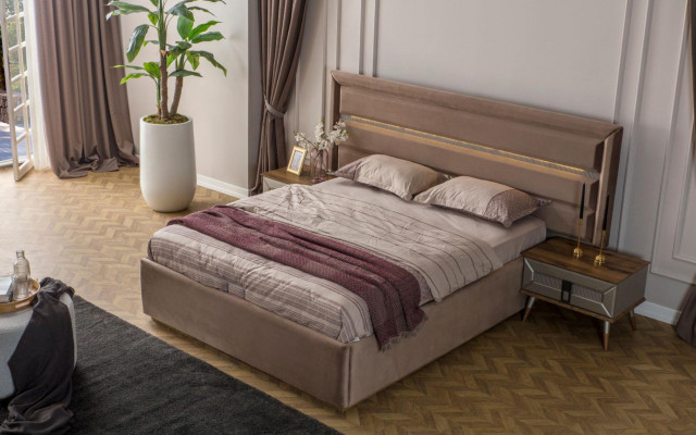 Beige Bedroom Set Modern Double Bed Glass Wardrobe 4-piece set