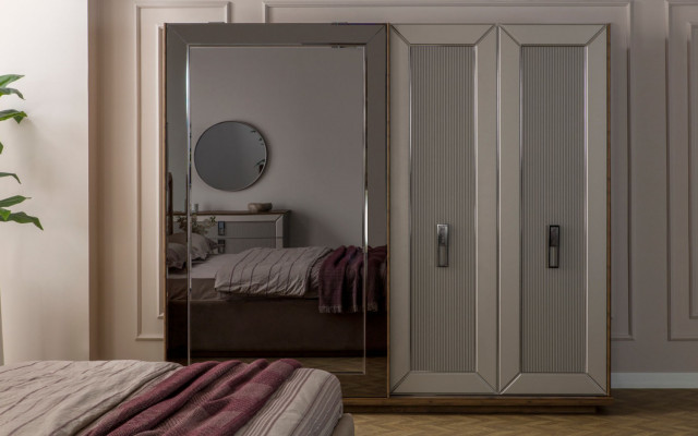 Beige Bedroom Set Modern Double Bed Glass Wardrobe 4-piece set