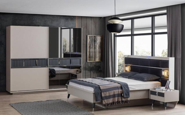 Gray bedroom furniture designer bed 2x nightstands wood wardrobe 4-piece set