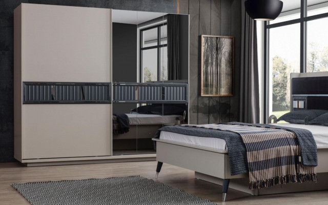 Gray bedroom furniture designer bed 2x nightstands wood wardrobe 4-piece set
