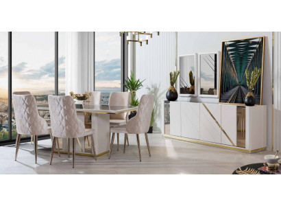 Beige stainless steel dining room set designer dining table x6 chairs sideboard